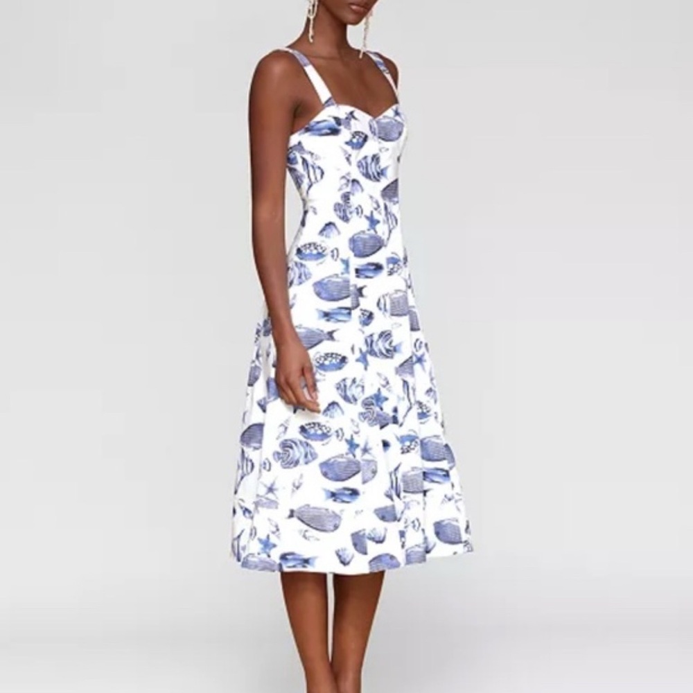 AVEC LES FILLES Fish Printed Corset Bodice Midi Dress NWT